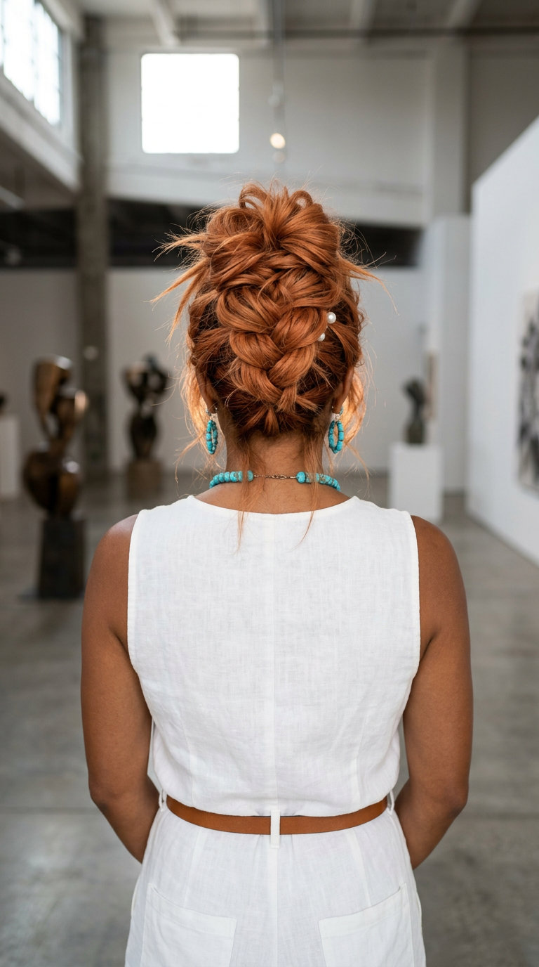 long textured bun updo with apricot crush, point-cut ends — weekend getaway