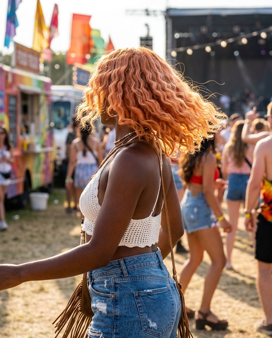 long wavy apricot crush crimped texture with strawberry blonde face-framing for festivals