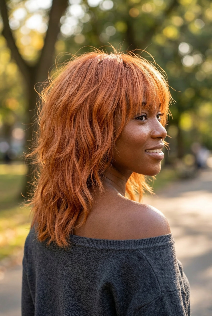 medium shag haircut in apricot crush with strawberry blonde babylights, wispy fringe — playful retro