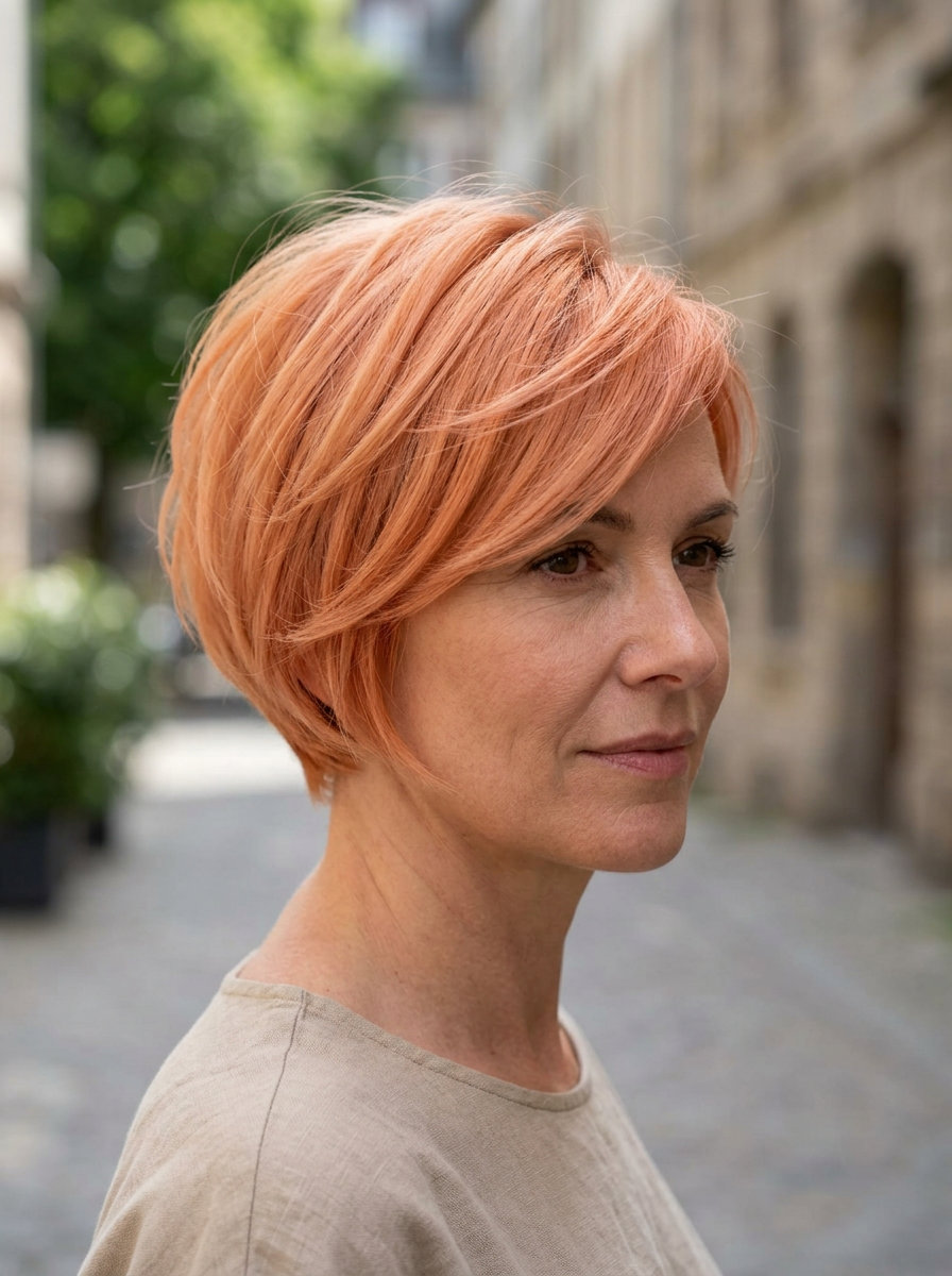 short pixie-bob haircut in apricot crush with golden copper highlights, soft blended layers and side-swept fringe for playful