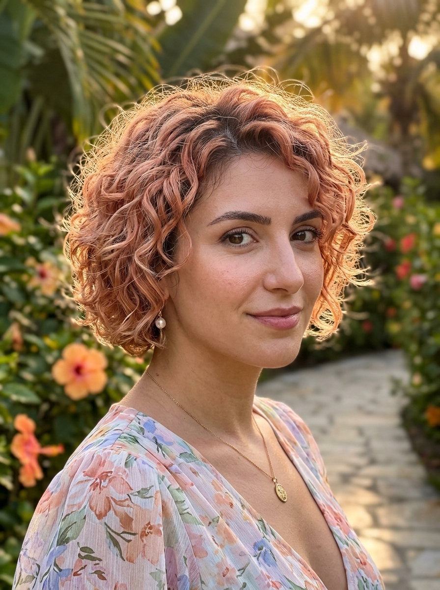 Apricot Crush Ringlet Pixie 2026 short ringlet pixie haircut in Apricot Crush with rose gold highlights for garden parties