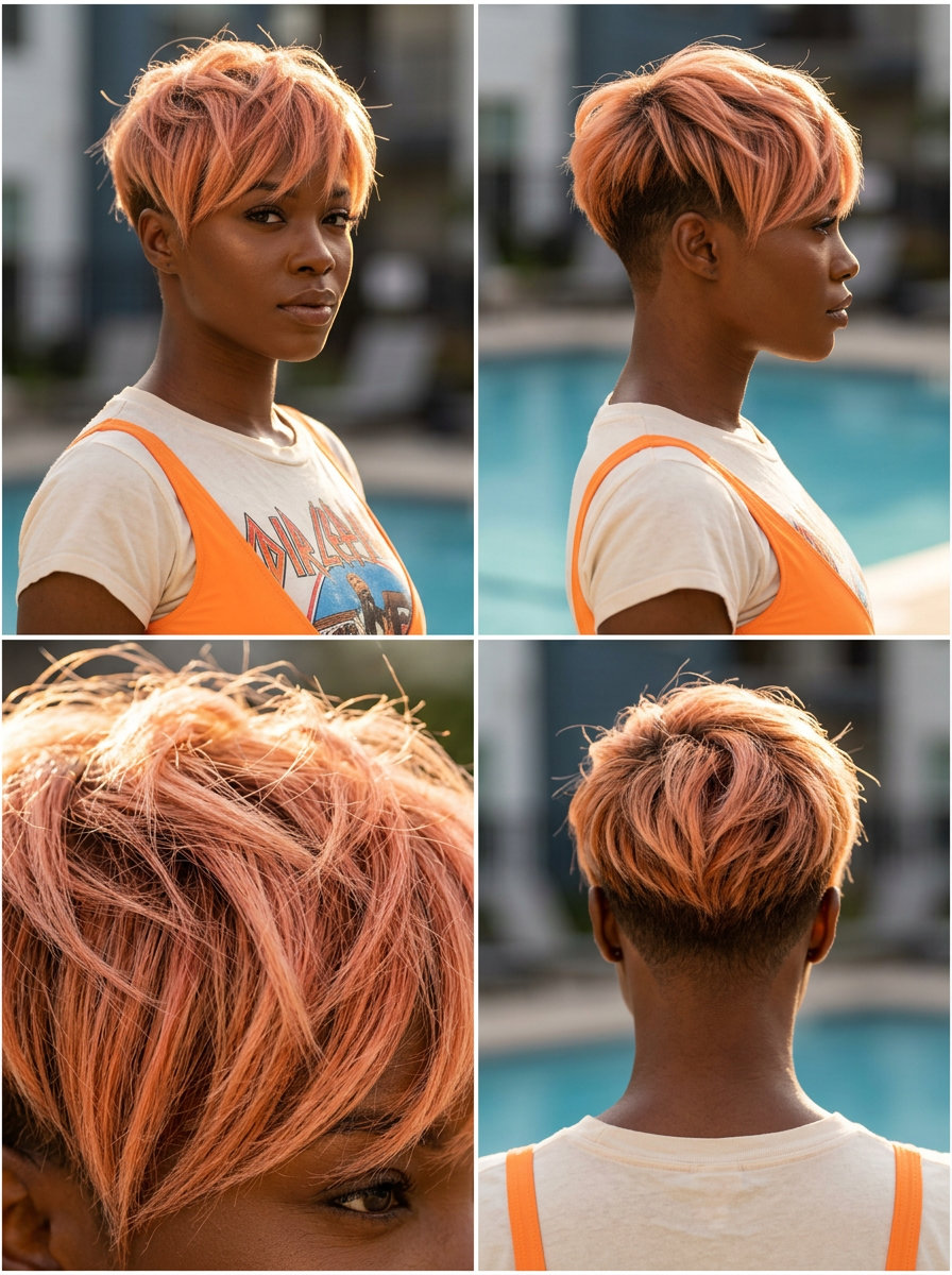 Apricot Crush Crop: Pastel Copper Pool Style very short apricot crush crop with pastel copper and strawberry blonde highlights