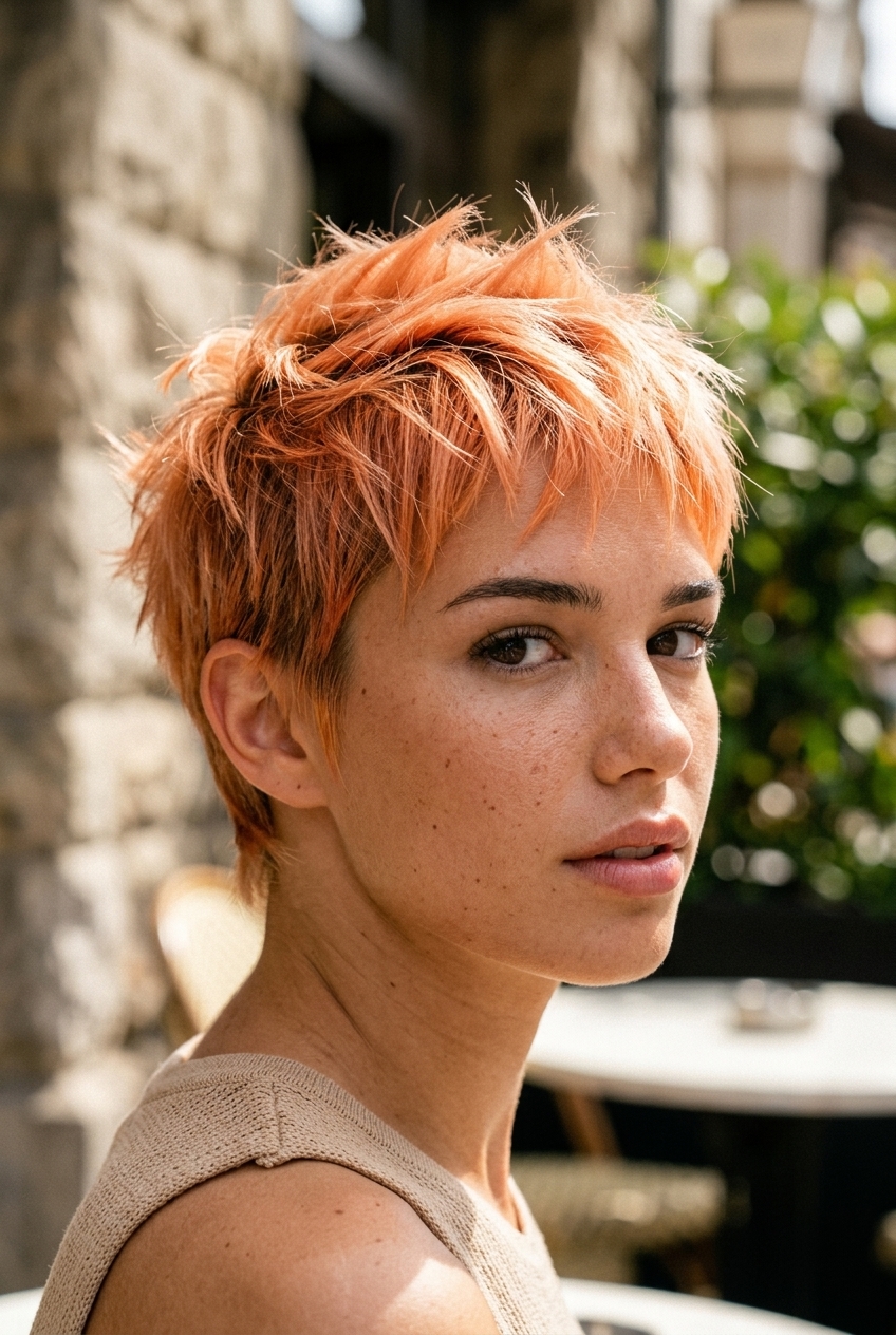 very short razored pixie haircut in vibrant apricot crush with spiky texture and no fringe for summer