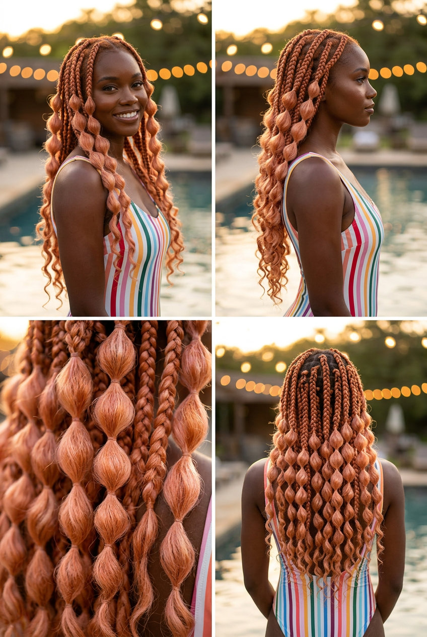 Apricot Bubble Braid: Long Pastel Copper Style long apricot crush bubble braid with pastel copper and strawberry blonde accents