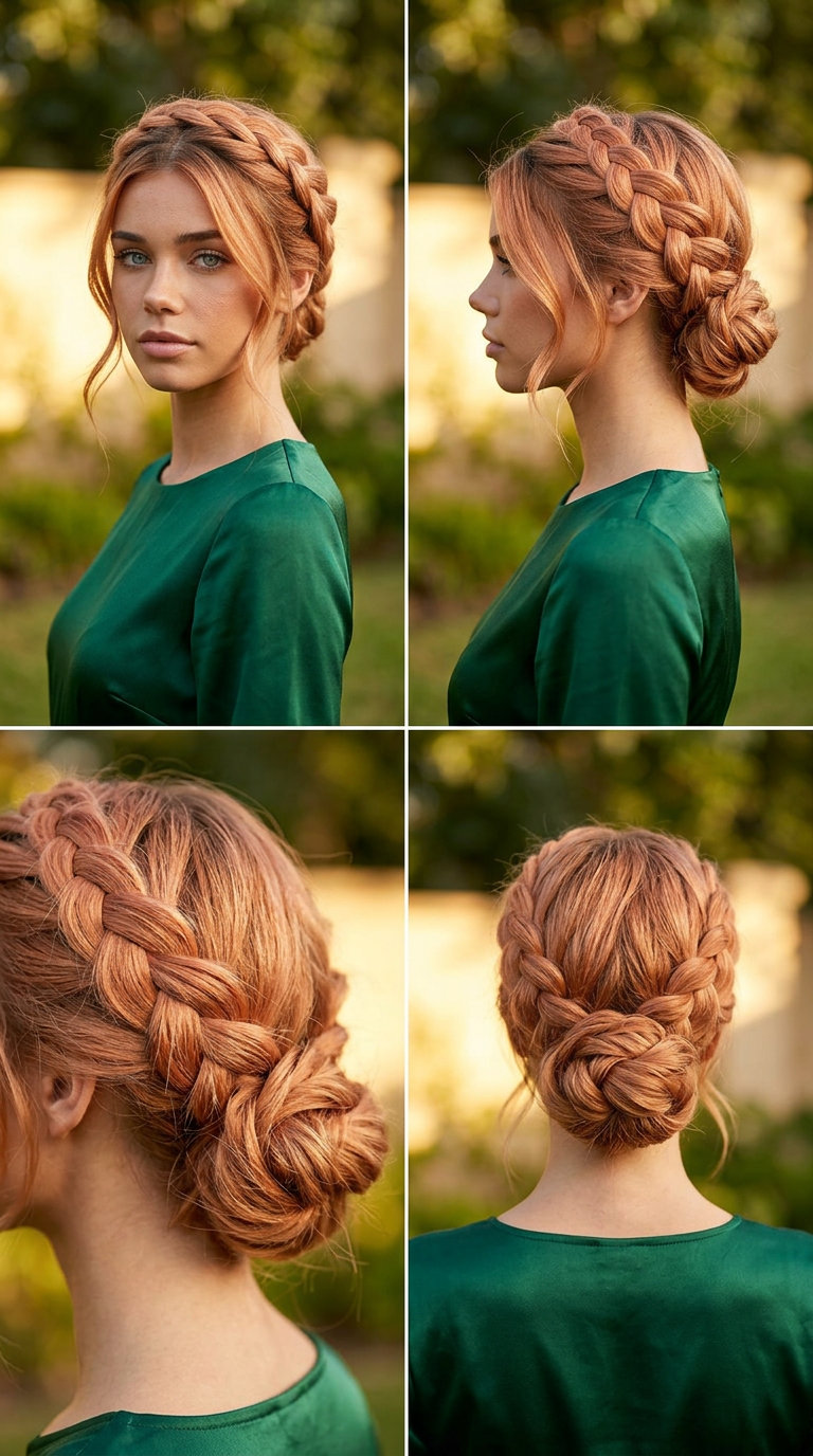 long updo with apricot crush red, Dutch braid technique, soft root smudge — elegant garden party style