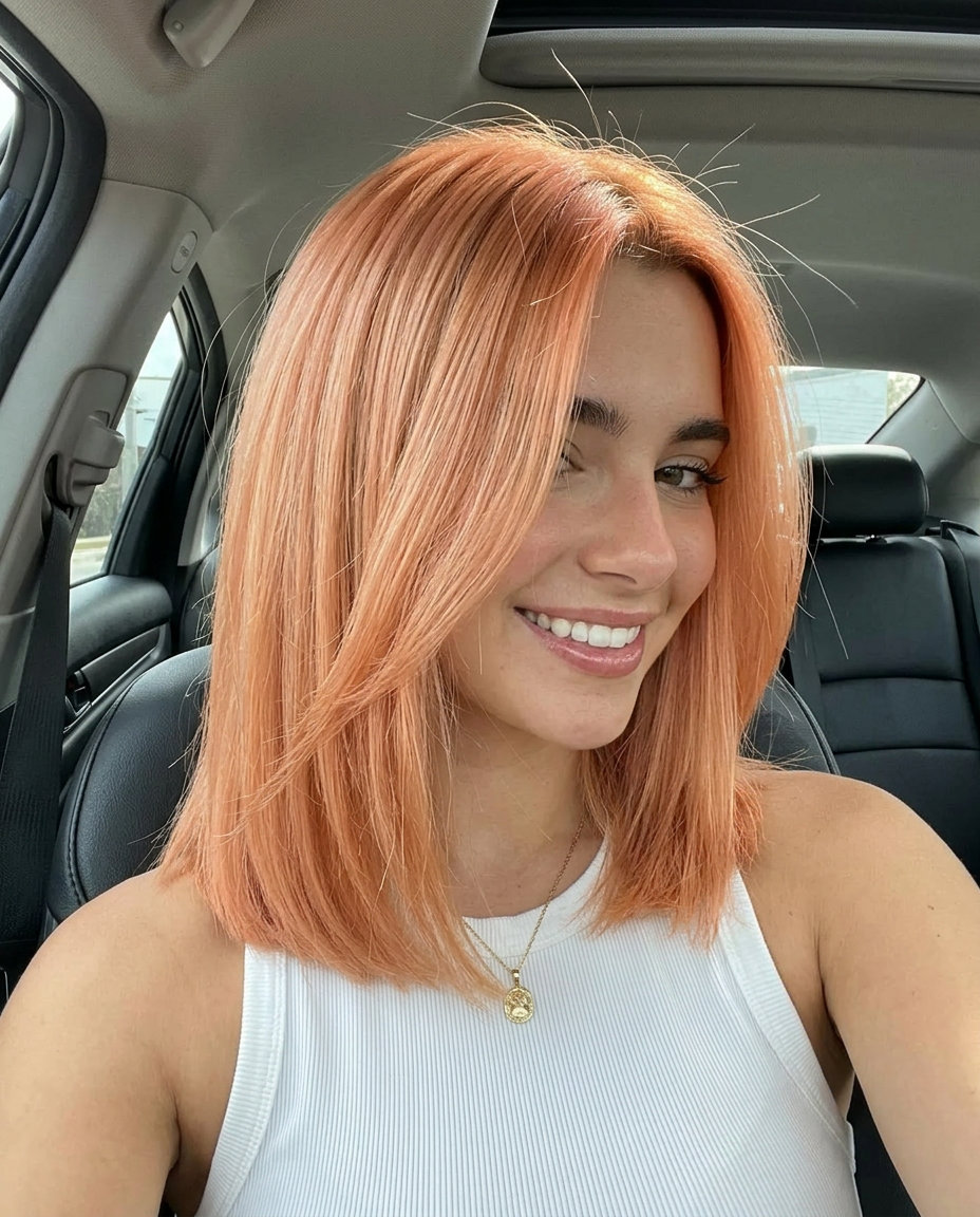 medium soft blunt haircut in pastel apricot crush with peach undertones, internal graduation — weekend casual