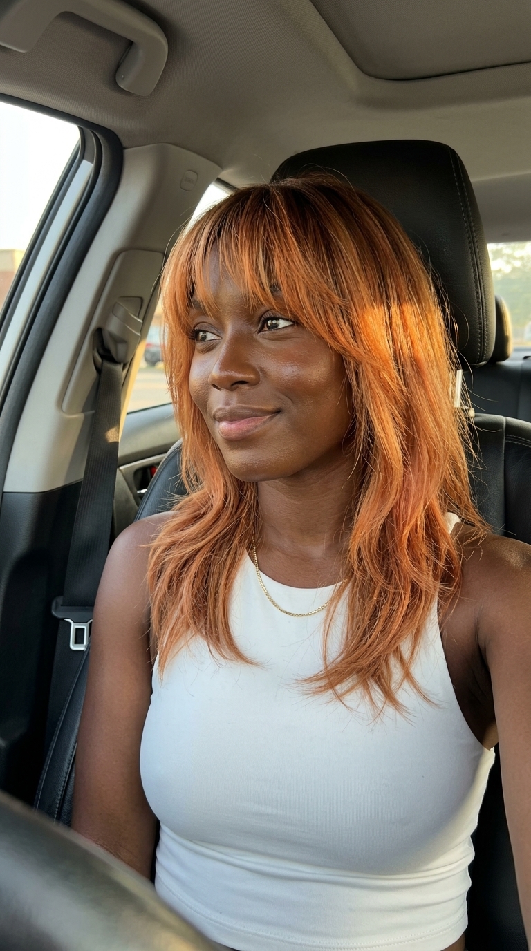 medium shag apricot auburn hair with copper-red highlights, balayage, wispy bangs — vibrant summer look