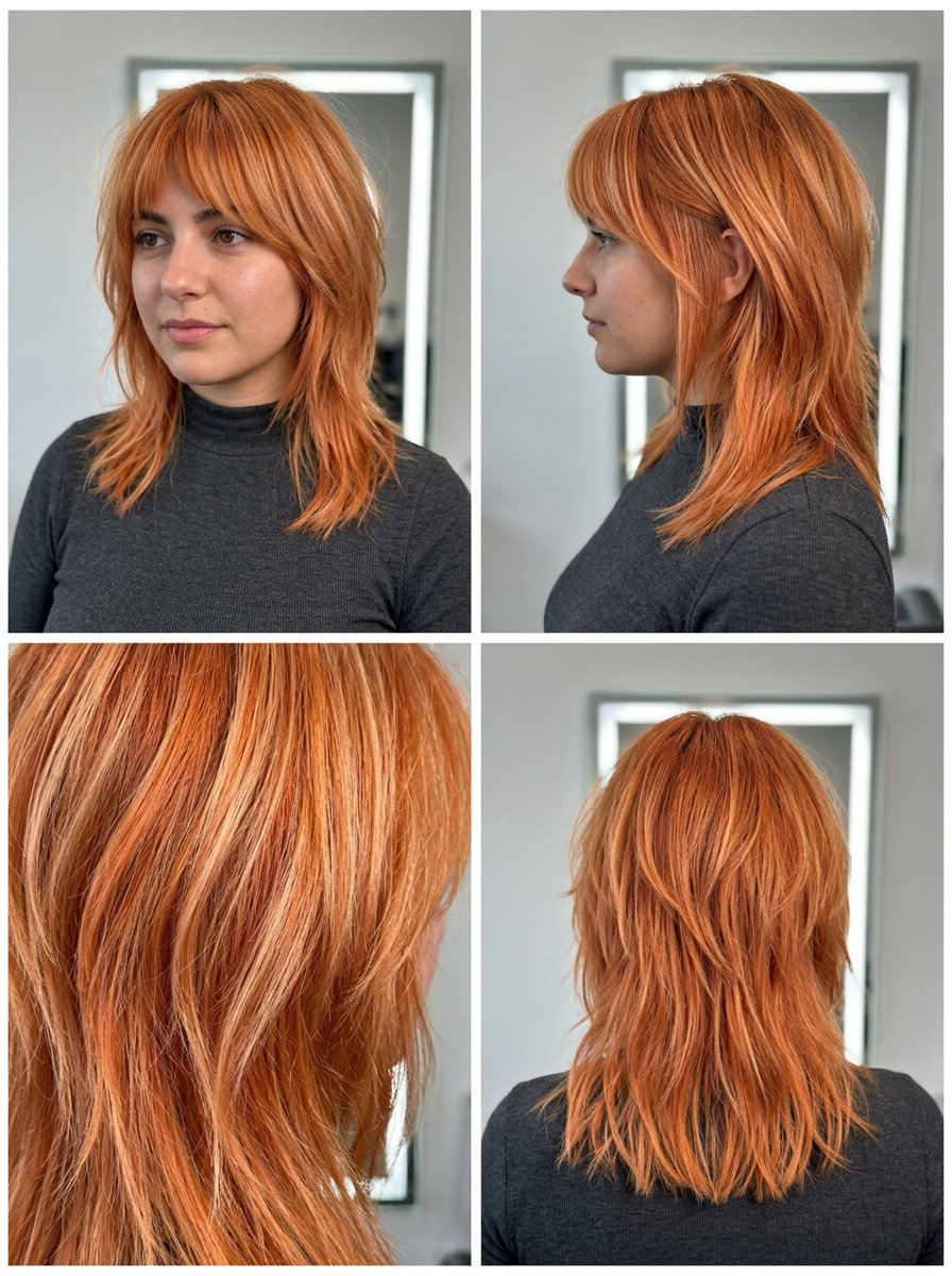 medium shag haircut with vibrant apricot orange and strawberry blonde highlights, textured layers and bottleneck bangs for summer