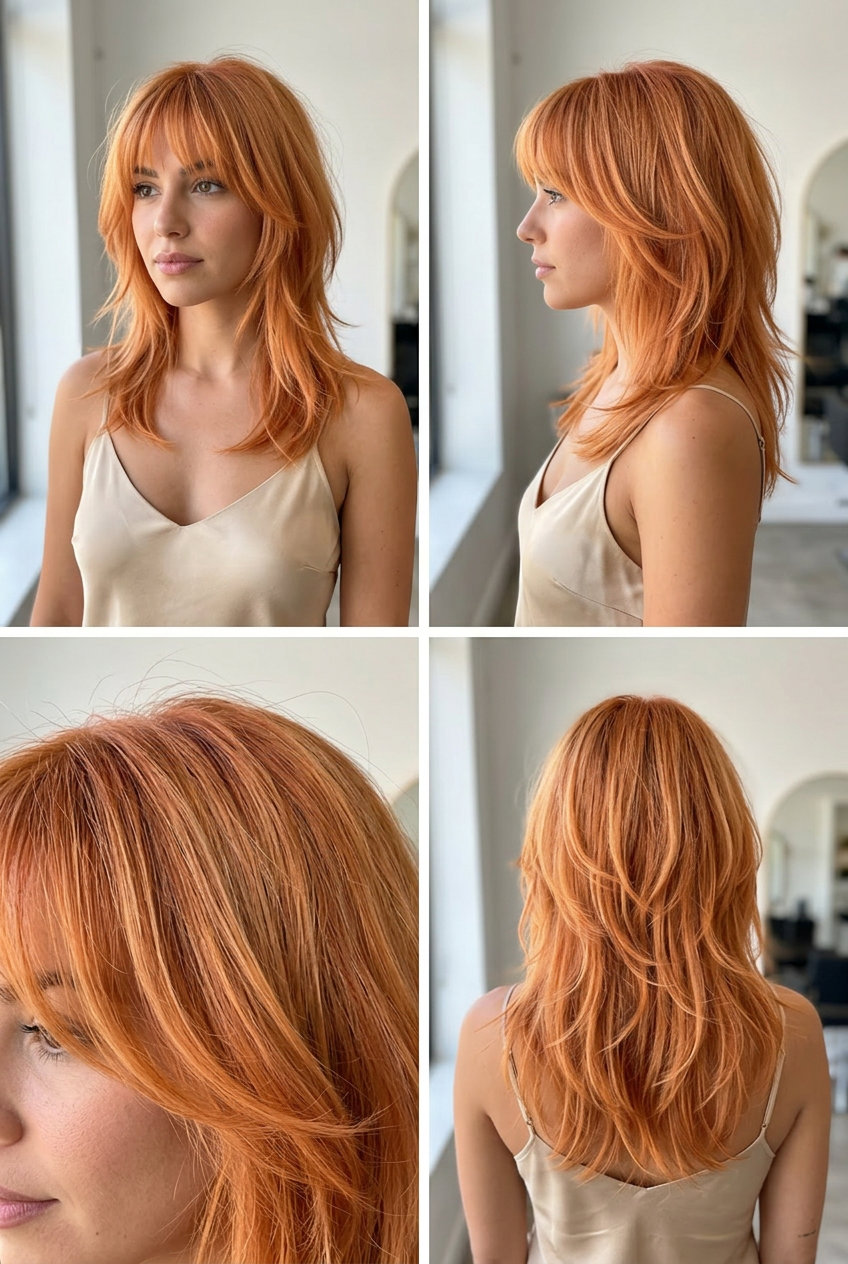 Vibrant Apricot Crush Shag Haircut 2026 mid-length shag haircut in vibrant apricot crush copper with textured layers and piecey bangs for summer