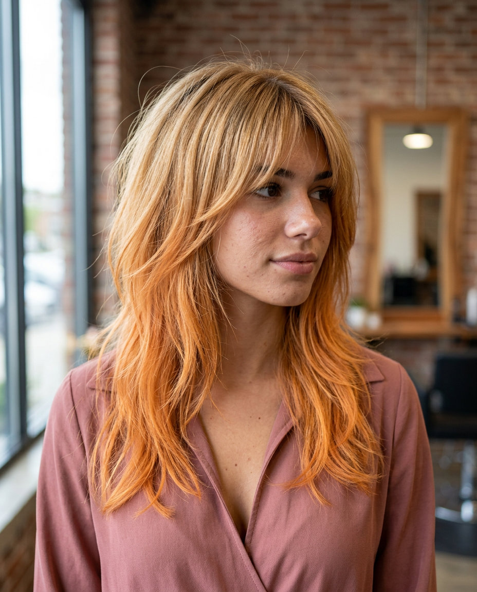 medium-length shag haircut with apricot orange ombre, wispy fringe — playful boho textured style