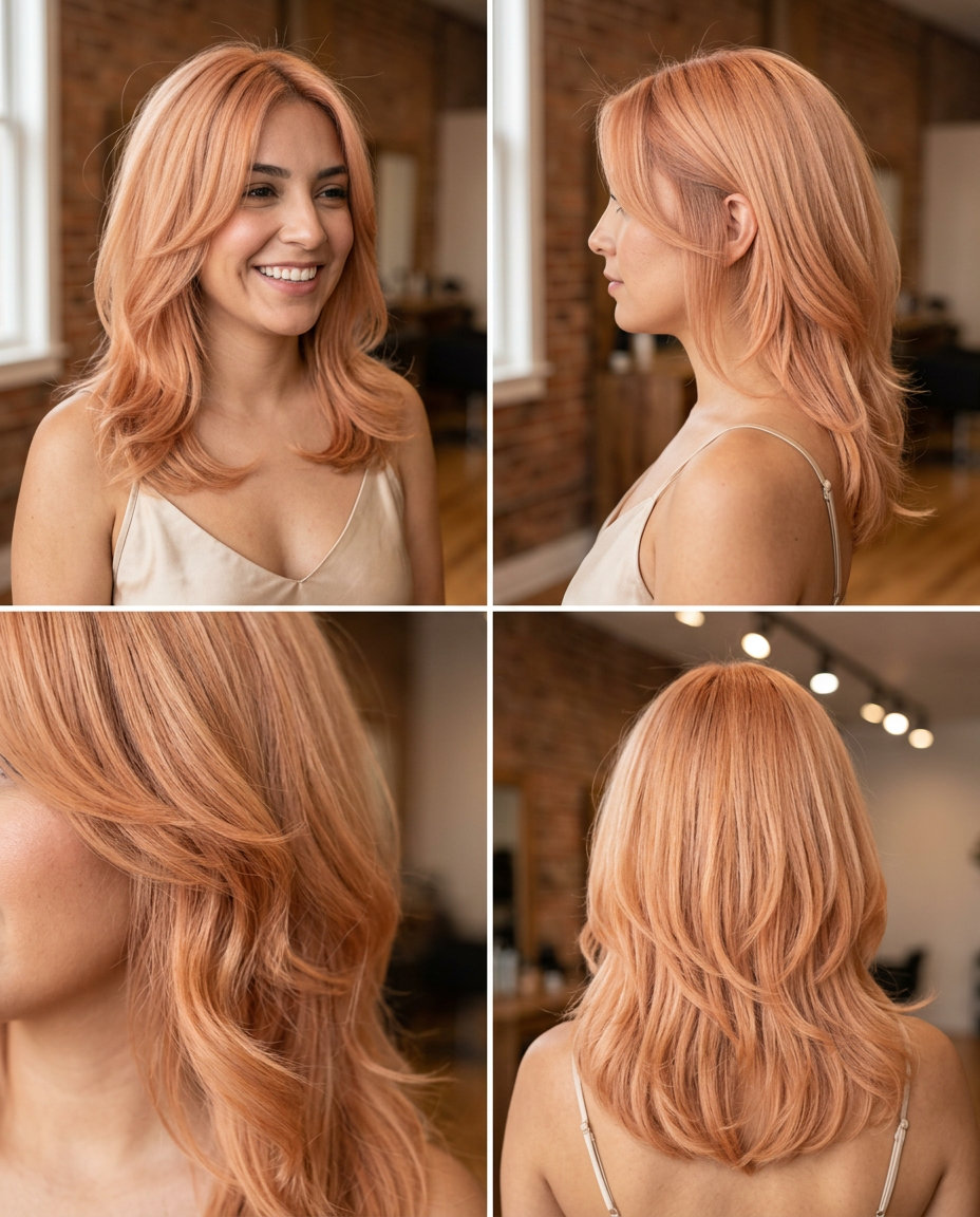 medium layered haircut with soft apricot peach fuzz color, face-framing layers, siren waves — romantic date night look