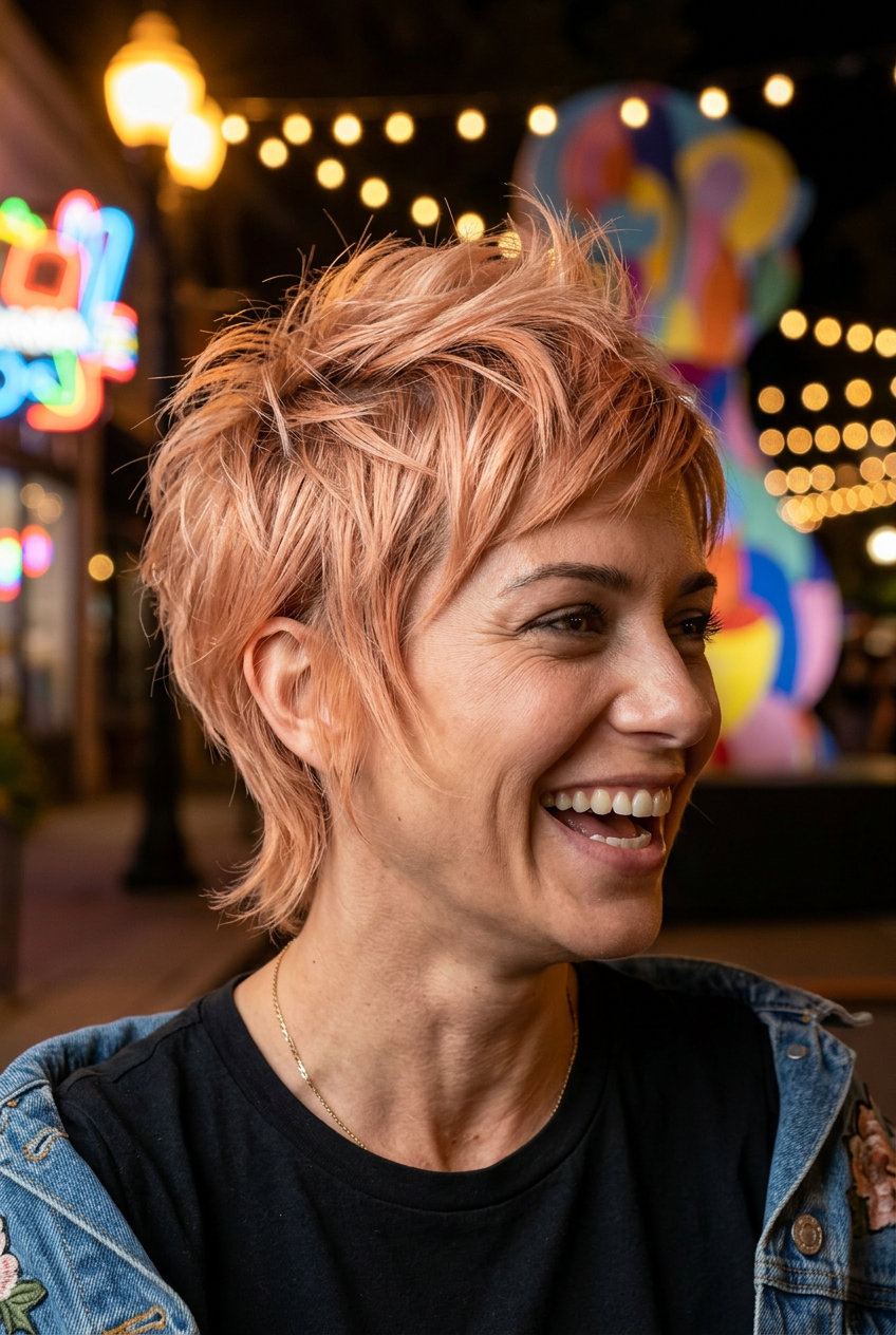 short apricot-peach pixie haircut with golden undertones, tapered sides — bold & playful