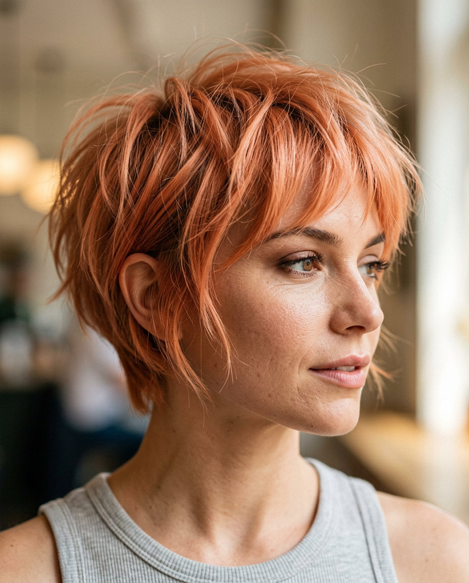 Apricot Crush Pixie Shag: Edgy Pool Style short pastel apricot shag with strawberry blonde highlights and razored layers