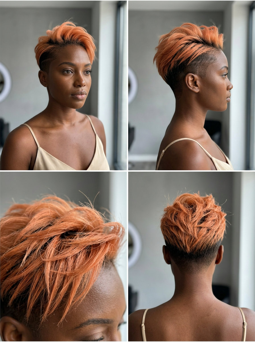short pixie haircut with vibrant apricot crush color, undercut, razored texture — edgy rebellious 2026
