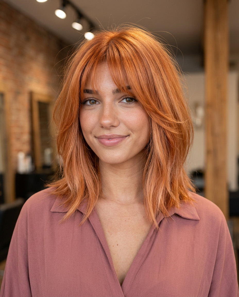 shoulder-length lob haircut with vibrant apricot orange and strawberry blonde balayage, textured layers and bottleneck bangs for summer