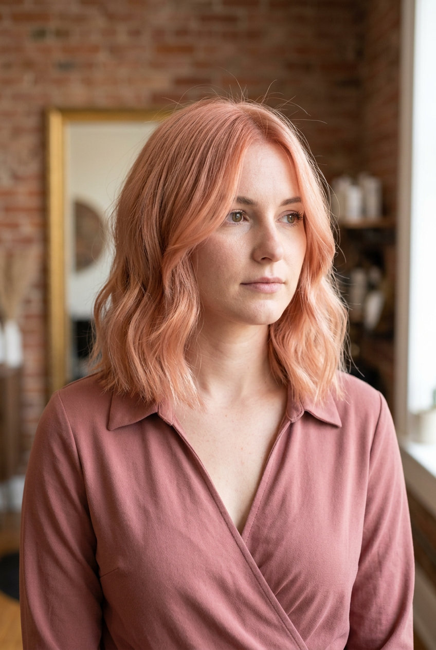 shoulder-length apricot glazed lob with soft peach-pink glaze, internal layering, no bangs — romantic date night