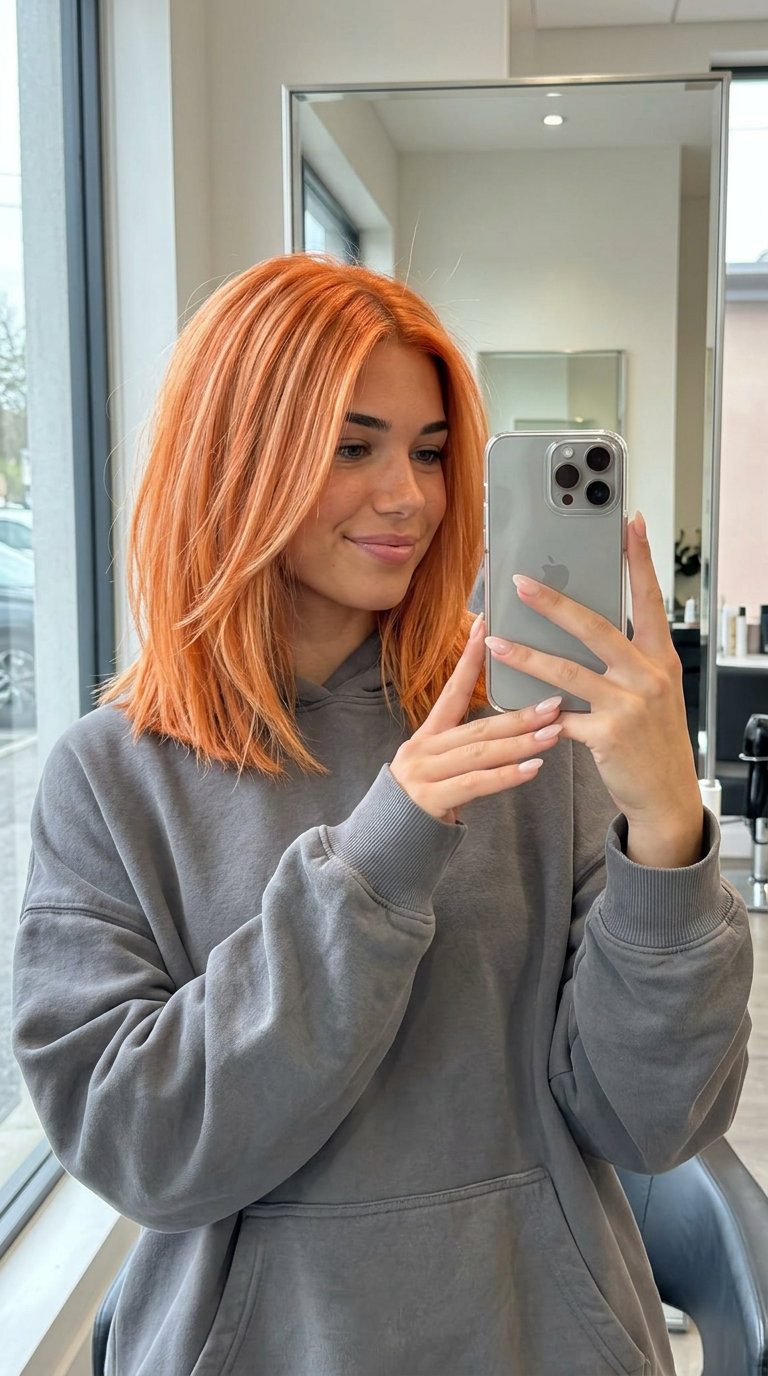shoulder-length apricot orange textured lob with strawberry blonde highlights and fringe for summer 2026