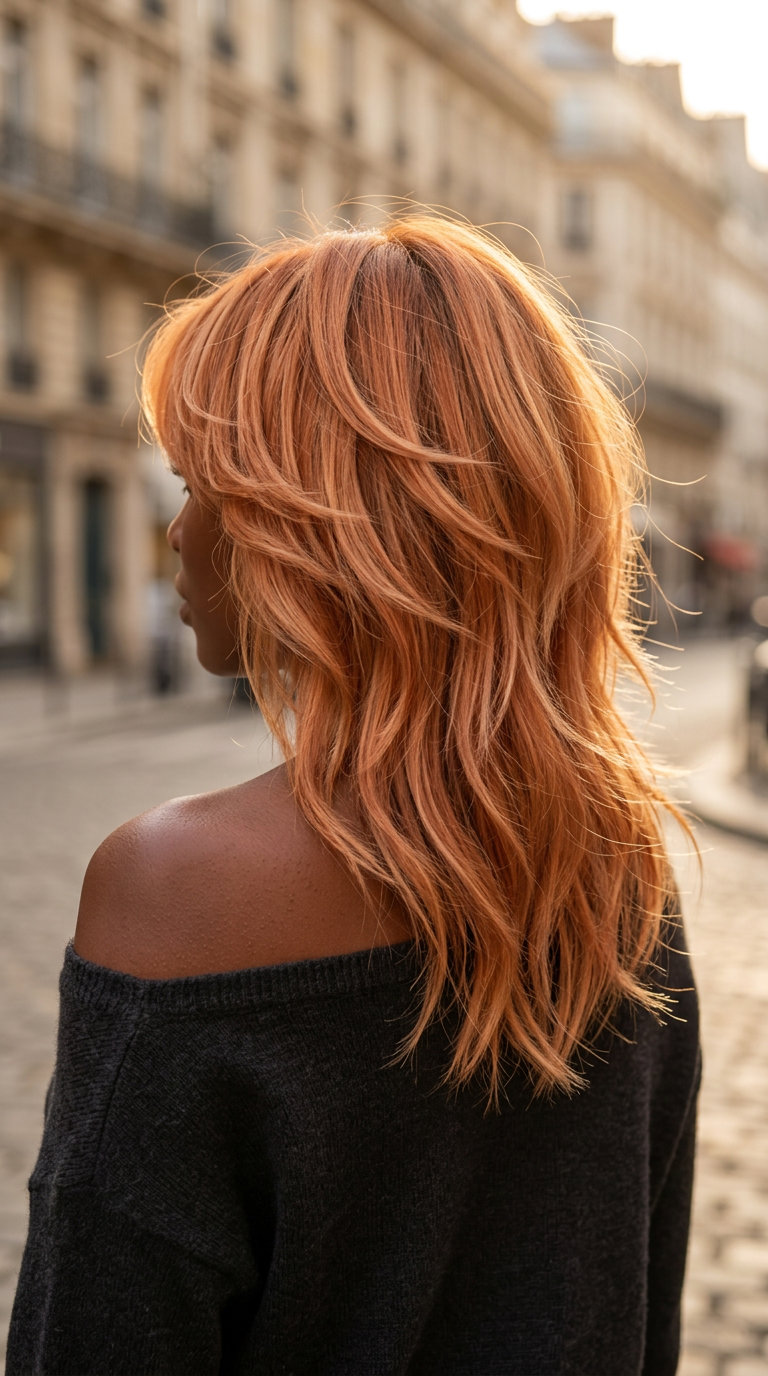 medium wolf cut apricot crush with strawberry blonde highlights, choppy fringe — edgy festival
