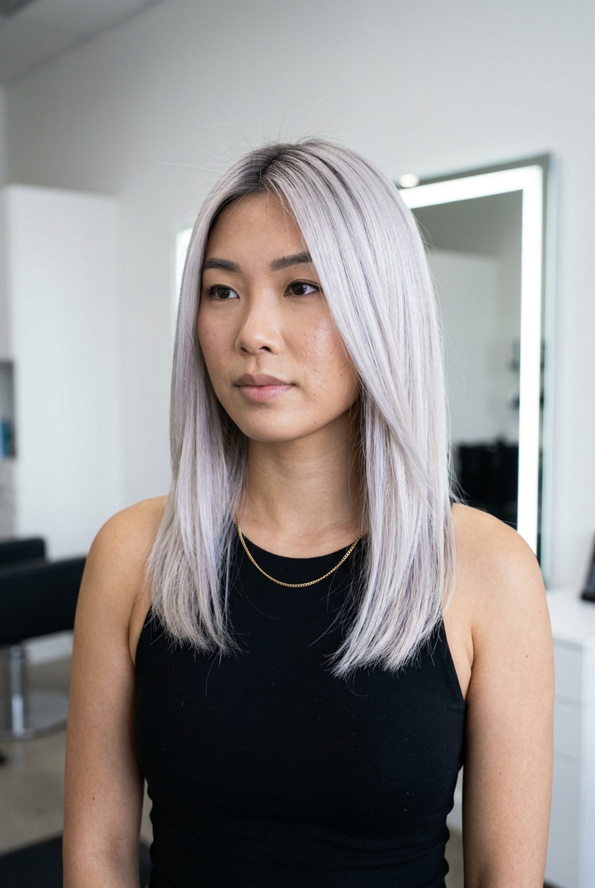 long blunt arctic blonde balayage with charcoal root for summer 2026