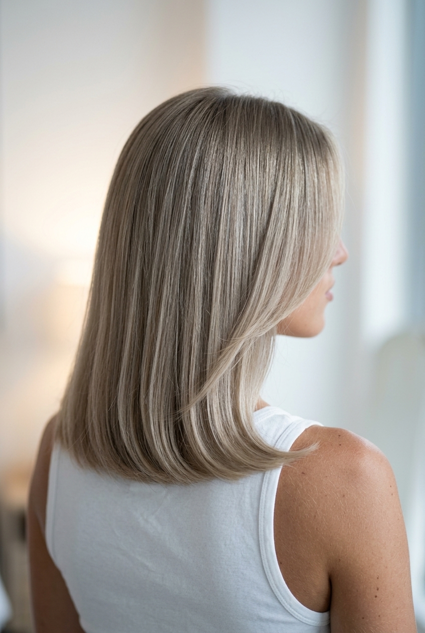 Ash Blonde Layered U-Cut 2026 collarbone layered U-cut in cool ash blonde with grey tones, dark vanilla root β minimalist professional chic