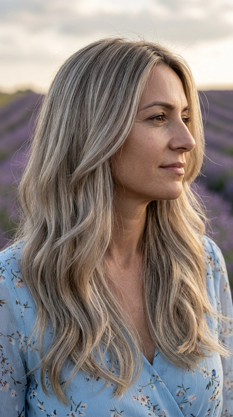 long layered haircut in cool ash blonde with natural root shadow and silver-beige undertones for romantic summer dates