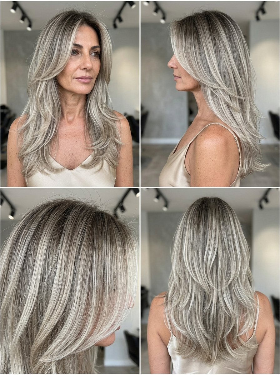 long ash blonde ombré with natural root, cascading layers, face-framing pieces — chic