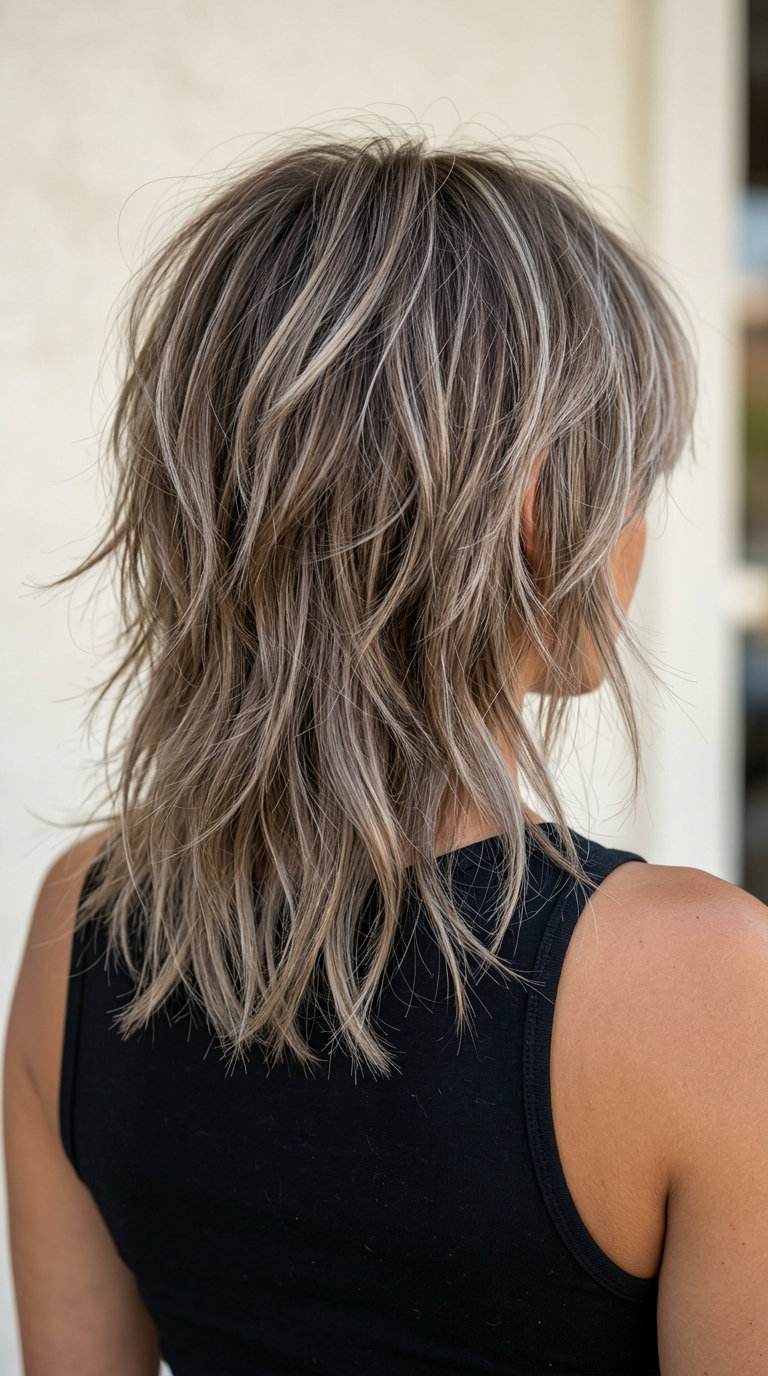 Cool Girl Shag: Ash Blonde on Mushroom Bronde 2026 medium shag haircut with ash blonde highlights on mushroom bronde, choppy layers, wispy bangs β edgy weekend