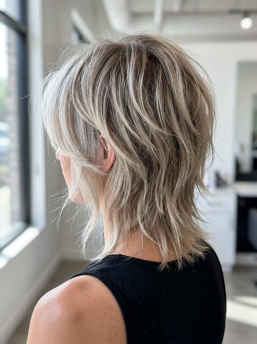 medium-length icy platinum ash blonde shag haircut with rounded layers and face-framing pieces for summer 2026