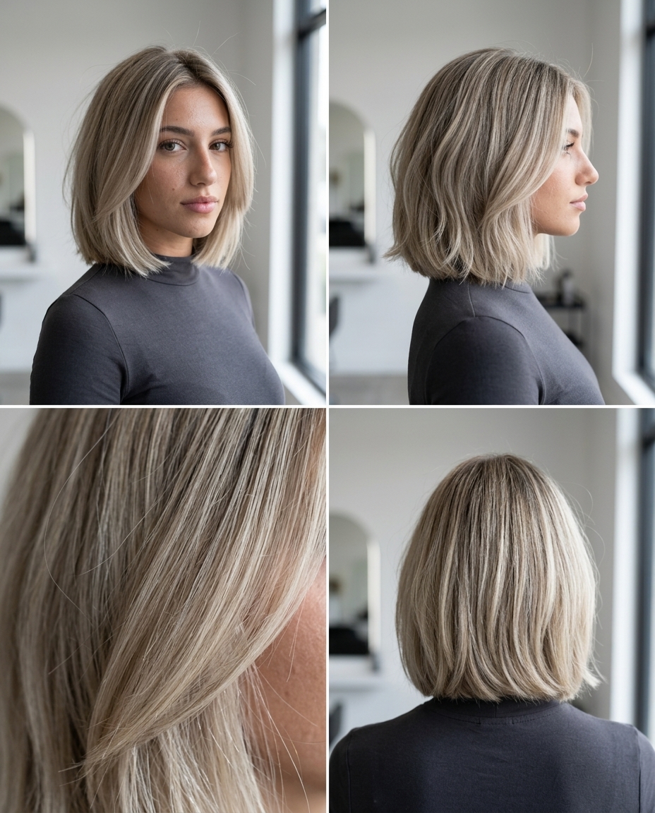 short italian bob with ash blonde, pearl babylights, deep side part — sophisticated voluminous