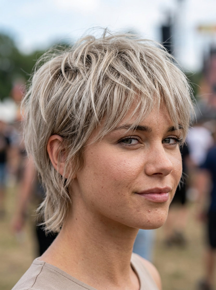 Ash Blonde Pixie Shag 2026: Edgy Pool Style short ash blonde pixie shag with textured layers and micro-fringe for pool day