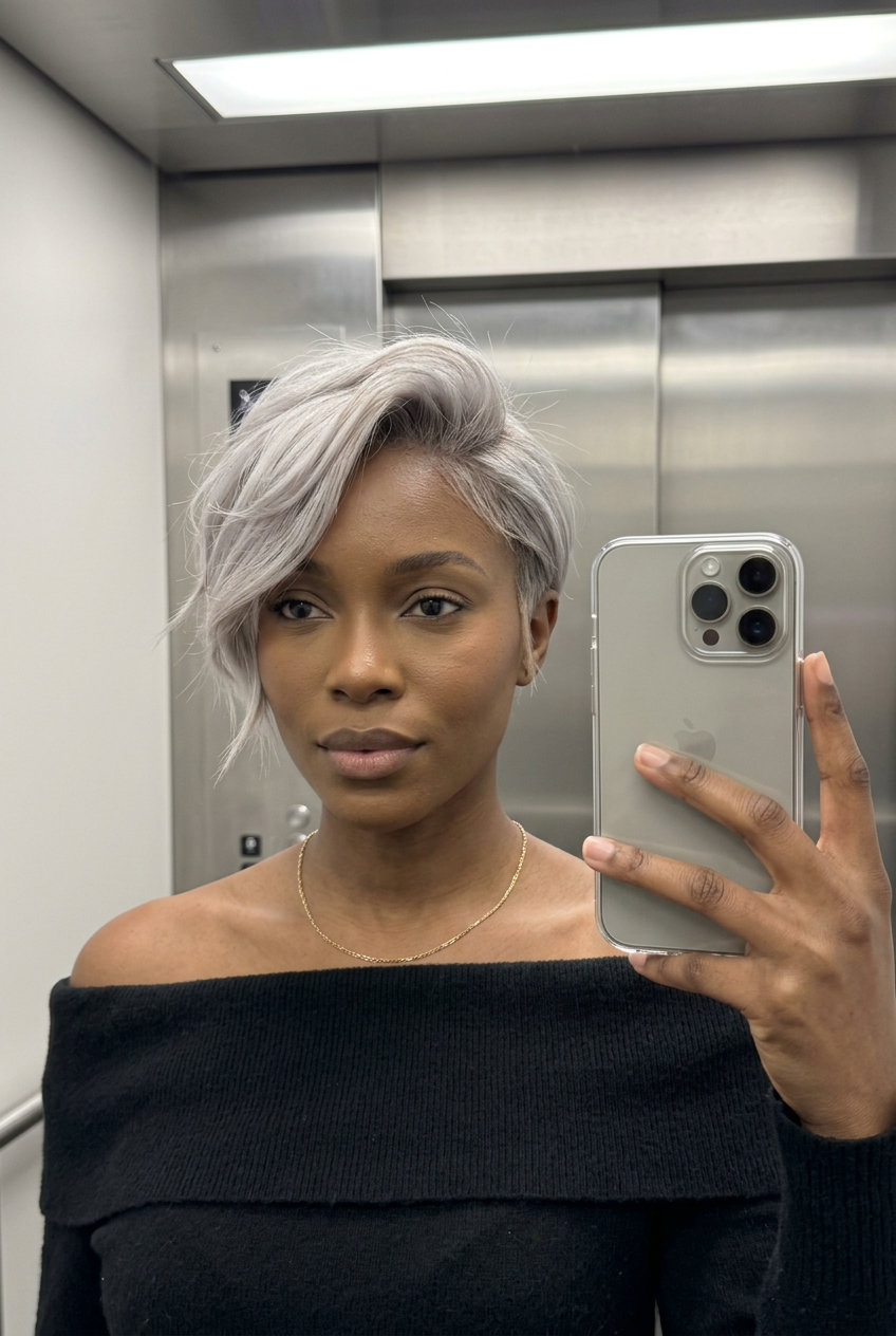 Ash Blonde Pixie Cut 2026: Edgy & Minimalist short ash blonde pixie haircut with silver undertones, tapered sides, no bangs β edgy and modern