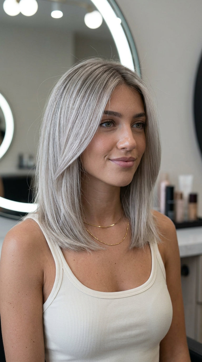 shoulder-length ash blonde with silver tones and neutral root shadow, babylights — chic summer coolness