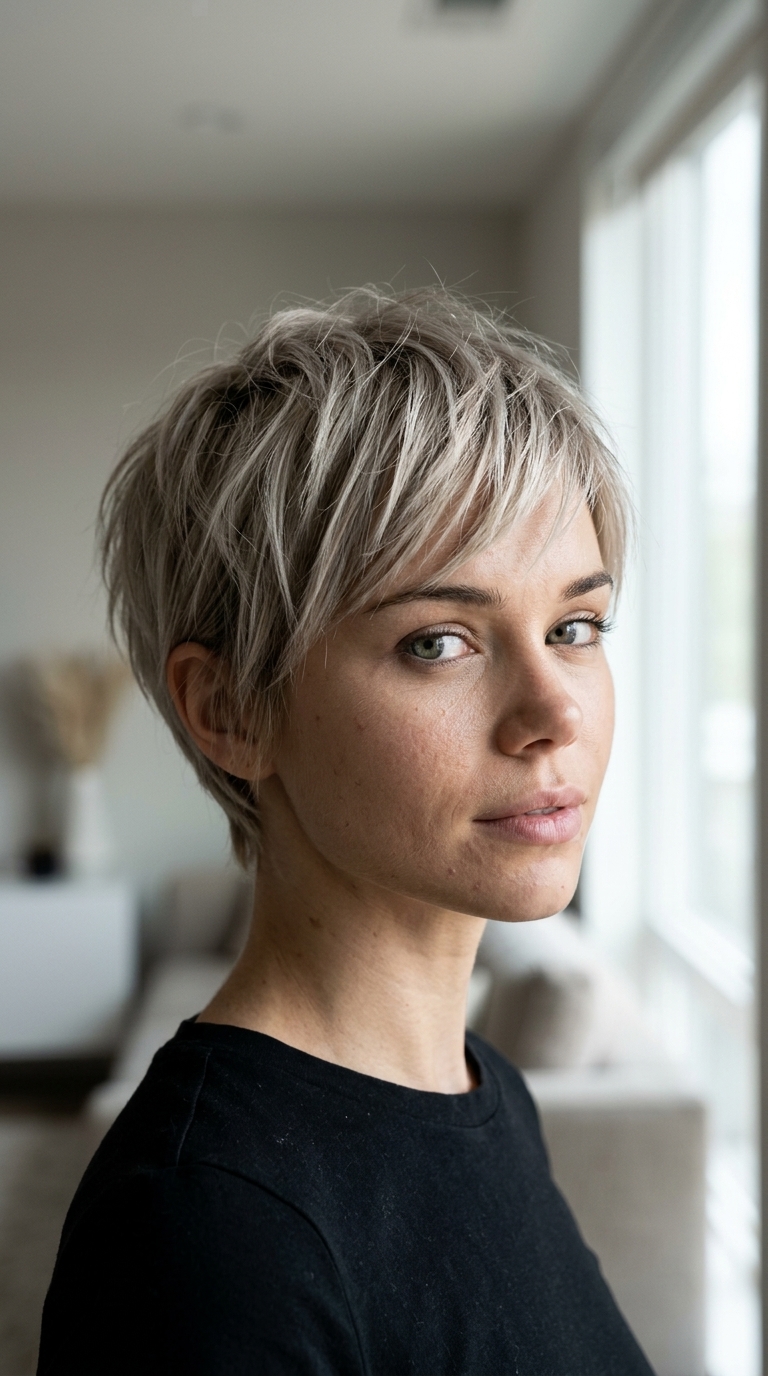 very short pixie haircut in cool ash blonde with grey root smudge, choppy layers and micro-fringe — edgy and modern