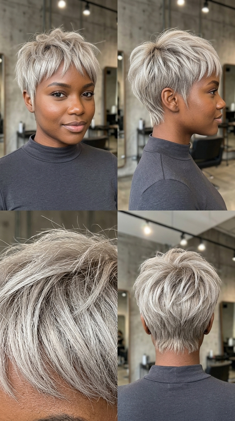 very short textured pixie haircut in ash blonde with root smudge for edgy style