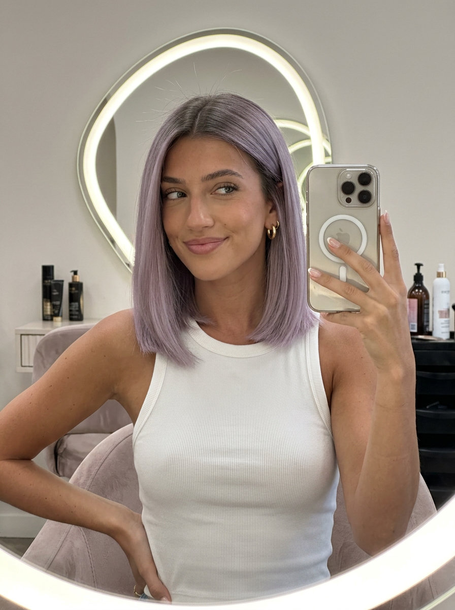 shoulder-length ash brown to lilac ombre bob with blunt cut for romance
