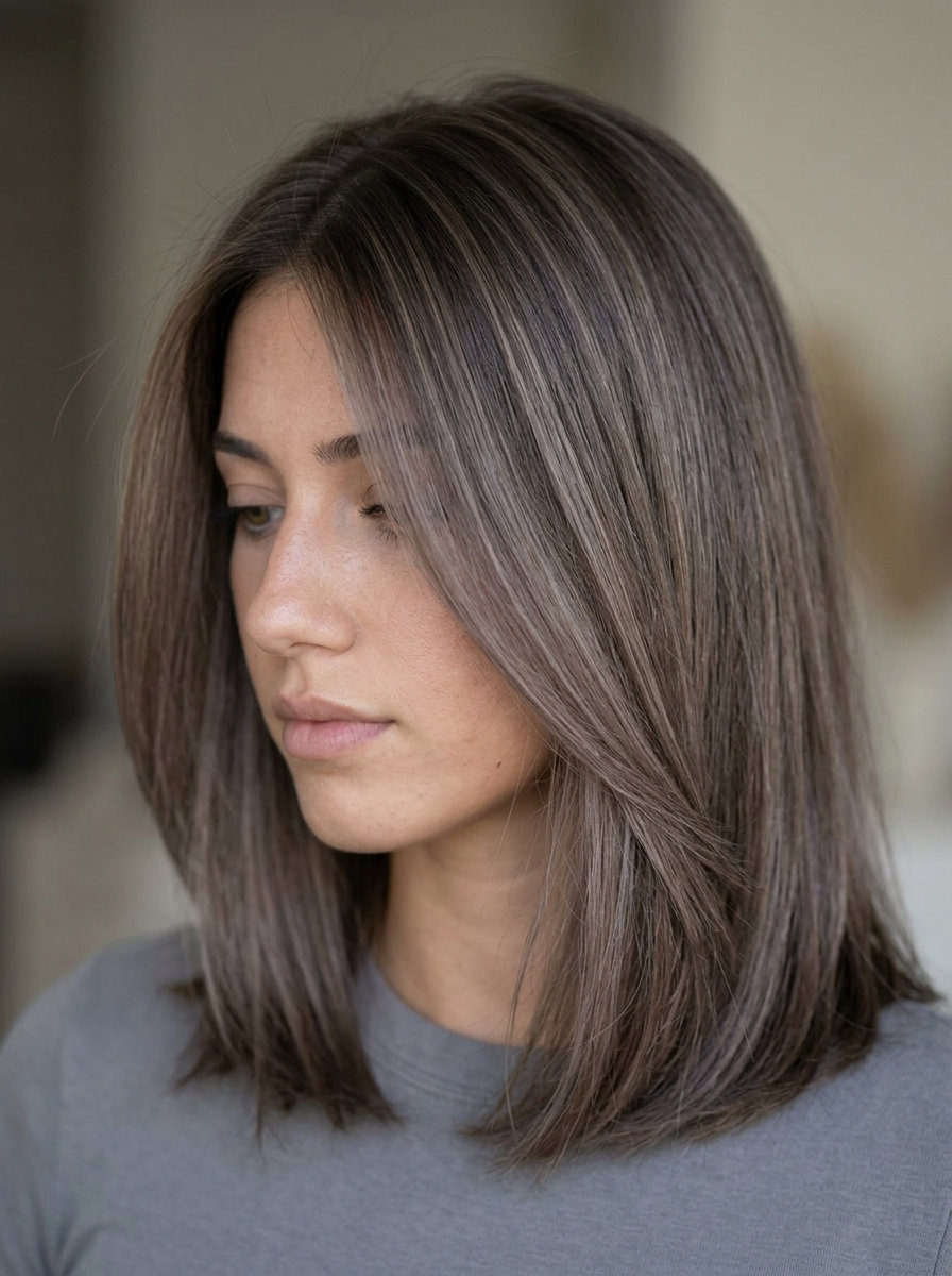 Mushroom Mocha Foilayage: Cool Brunette Sophistication 2026 long ash brown foilayage with cool grey and subtle violet, fine highlights for sophisticated look