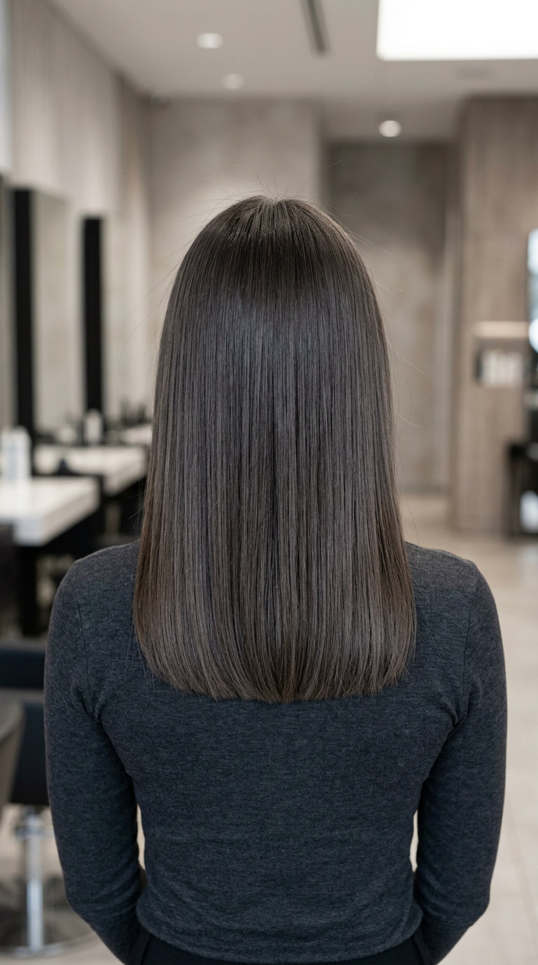 long ash brown hair with cool espresso tones, single process global color, no fringe — sophisticated daily wear