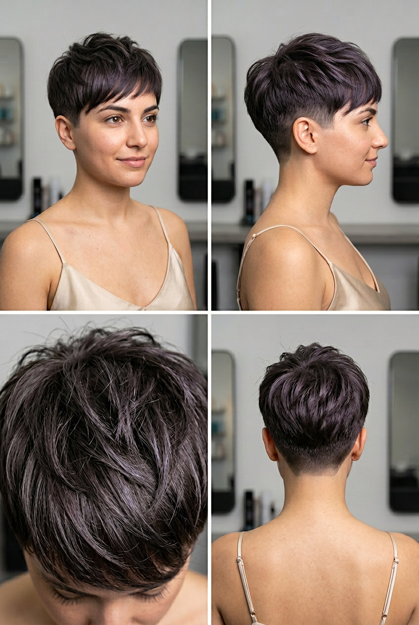 short ash brown textured pixie haircut with clipper fade and micro-fringe for summer 2026