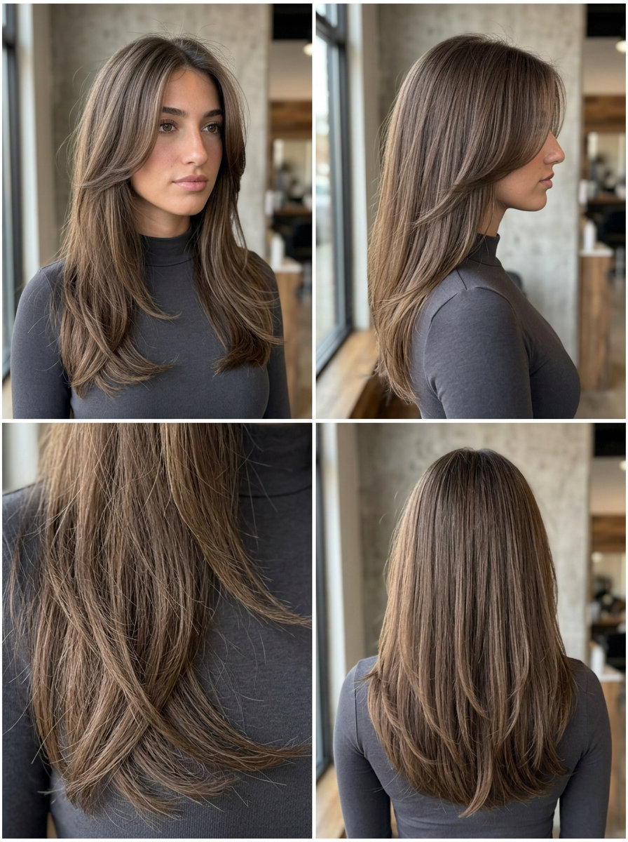 long mushroom brown hair color with ash gloss, face-framing layers, no bangs — romantic