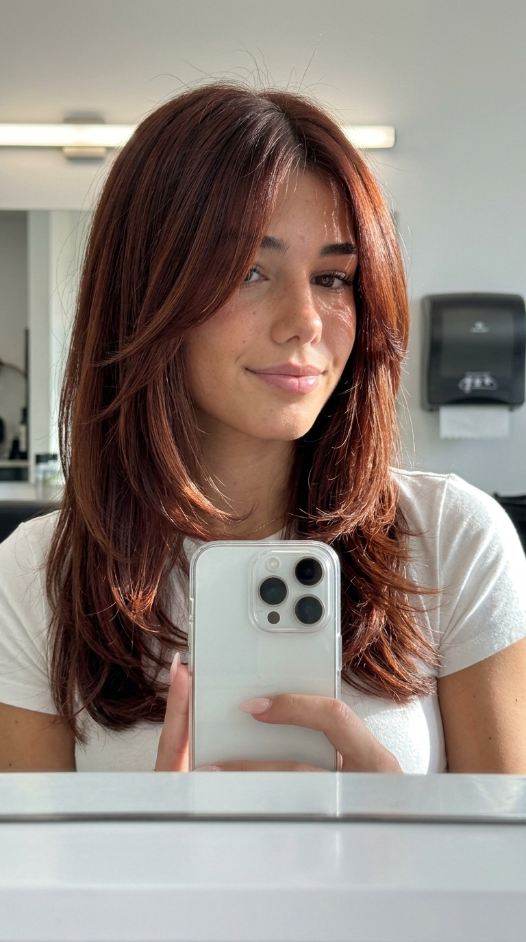 Auburn Ember Cascade Layered Cut 2026 collarbone layered cut in deep auburn with copper lowlights, soft V-shape back β romantic autumn events