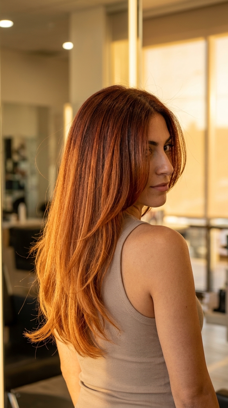 long auburn to copper ombré with flowing layers and curtain bangs for radiant summer waves