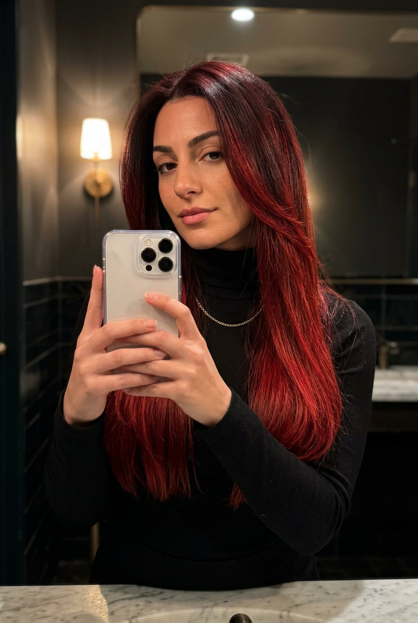 extra-long ombre hair with deep auburn to fiery crimson melt, internal layers, blunt cut back — sophisticated luxurious bold