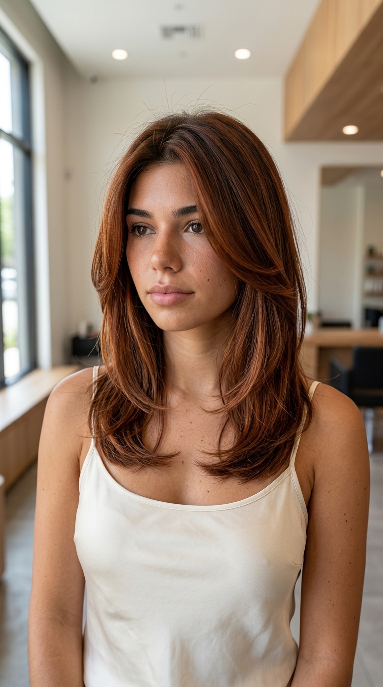 medium layered hair sun-kissed auburn gloss on warm brunette for effortless look