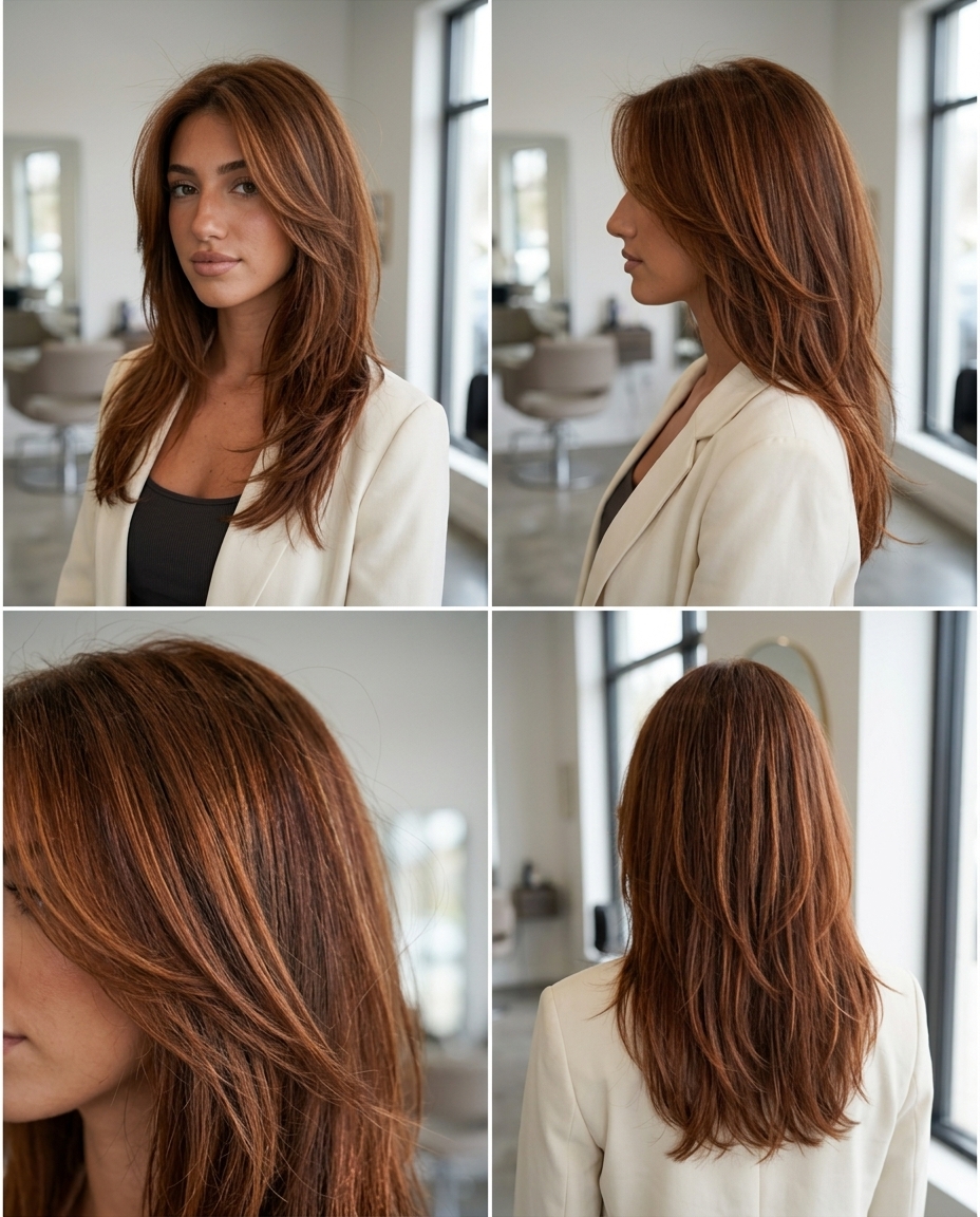 long shag haircut with warm auburn brunette & copper babylights, textured layers — effortless weekend style