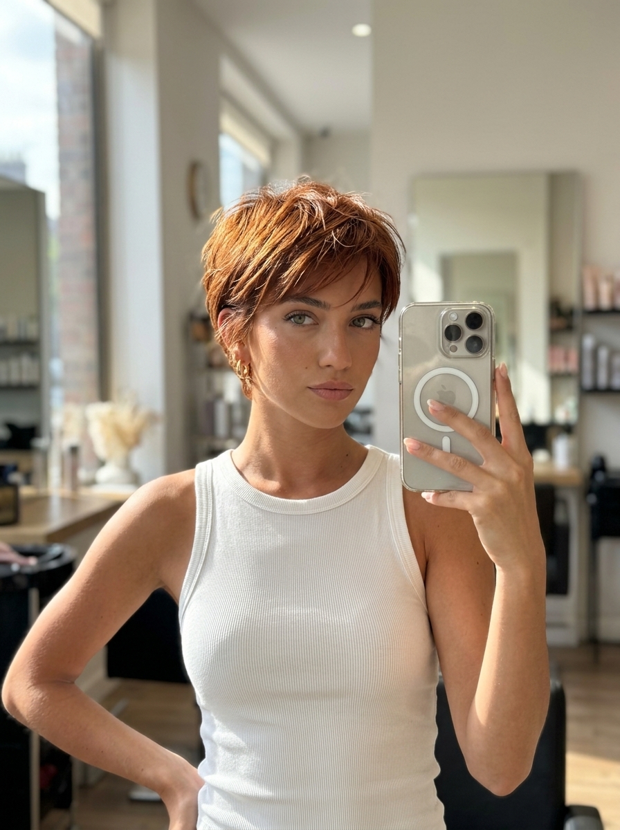 short pixie auburn hair with copper sheen, piecey texture — effortless summer style