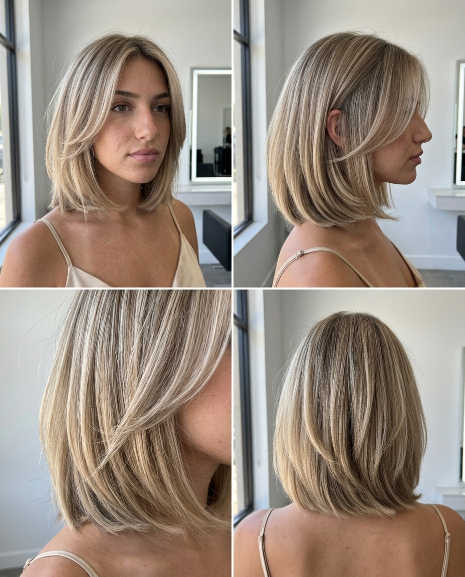 chin-length layered bob haircut in neutral beige blonde with ash brown lowlights and face-framing layers