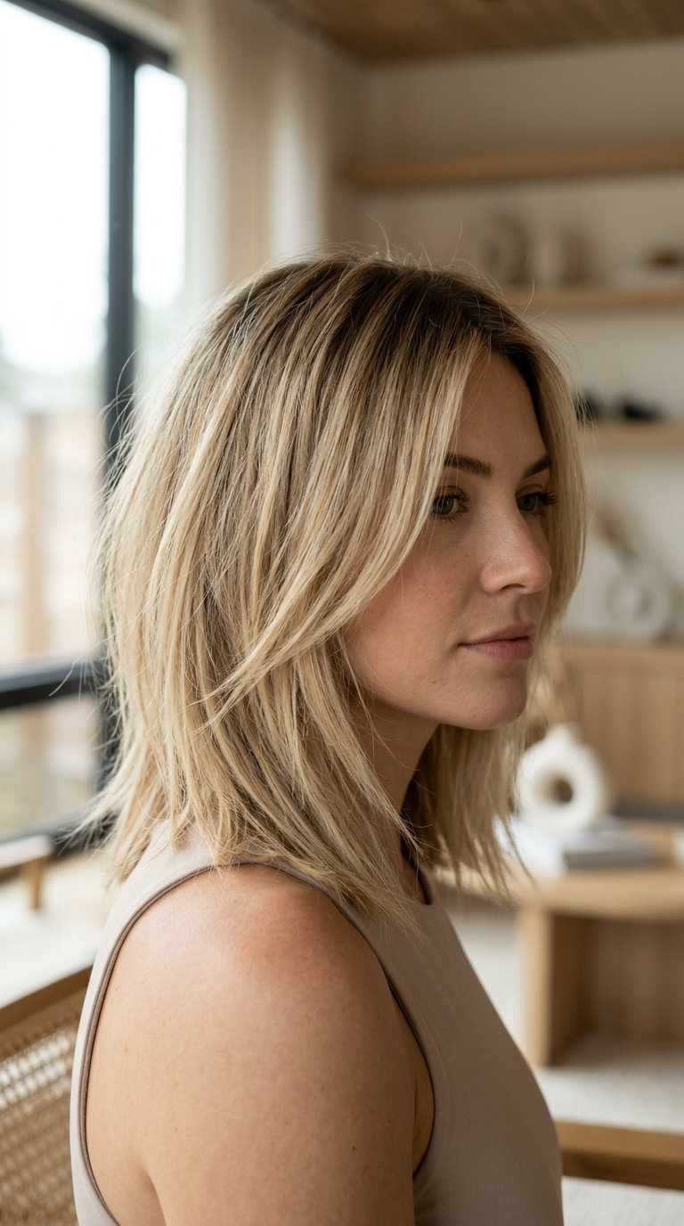 Effortless Cool Shadow Layers 2026 collarbone layered cut in cool beige blonde with ash brown shadow root, icy face-framing β minimalist weekend brunch