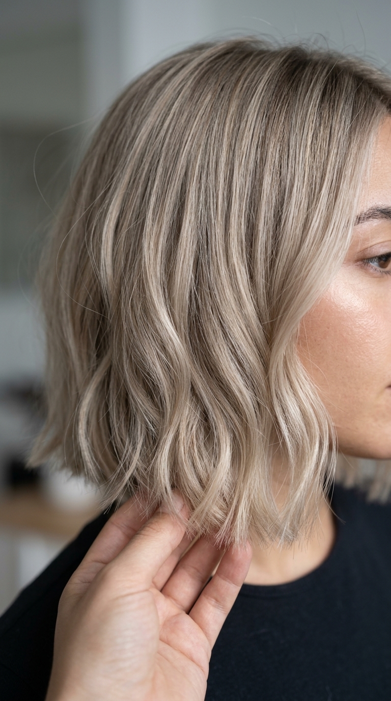 jaw-length box bob in neutral beige blonde with ash babylights for summer