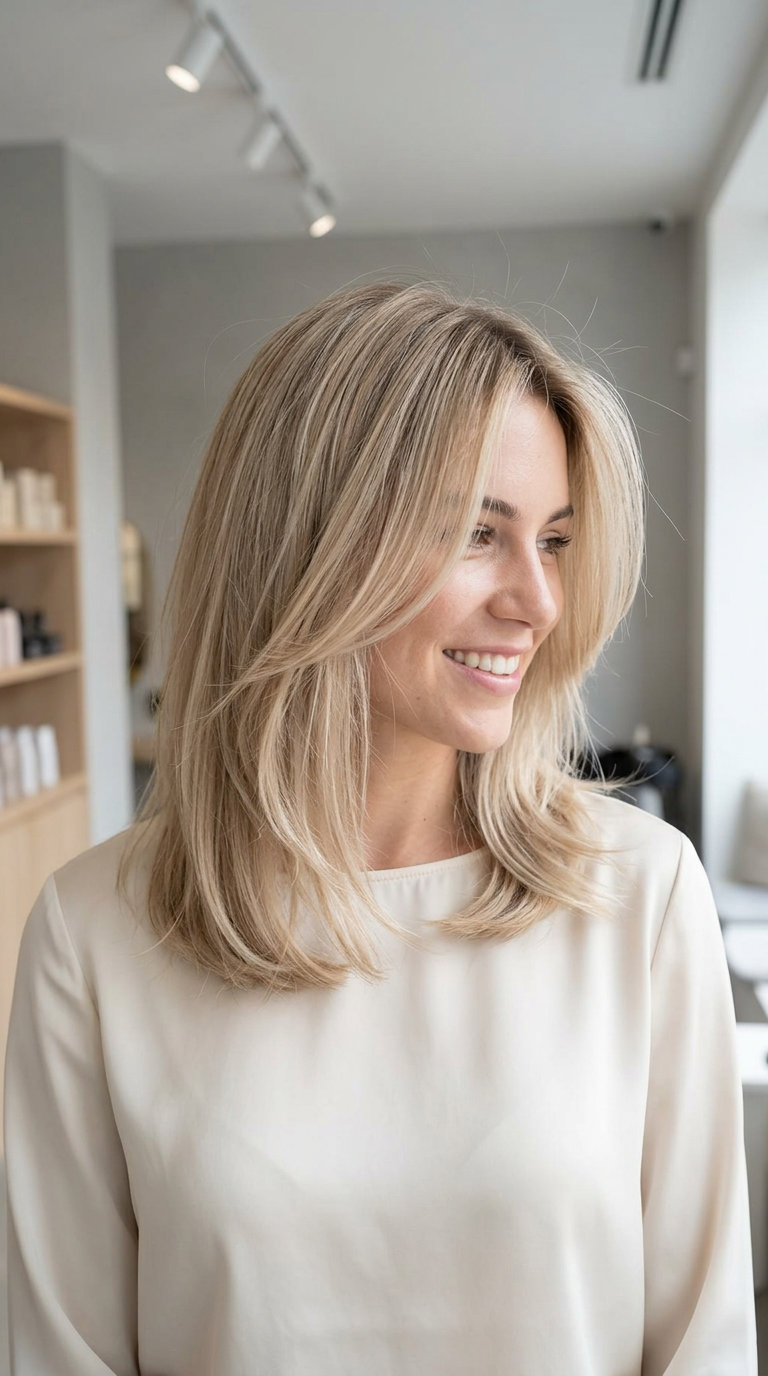 medium beige blonde hair with soft root diffusion, full head babylights, no fringe — effortless chic look