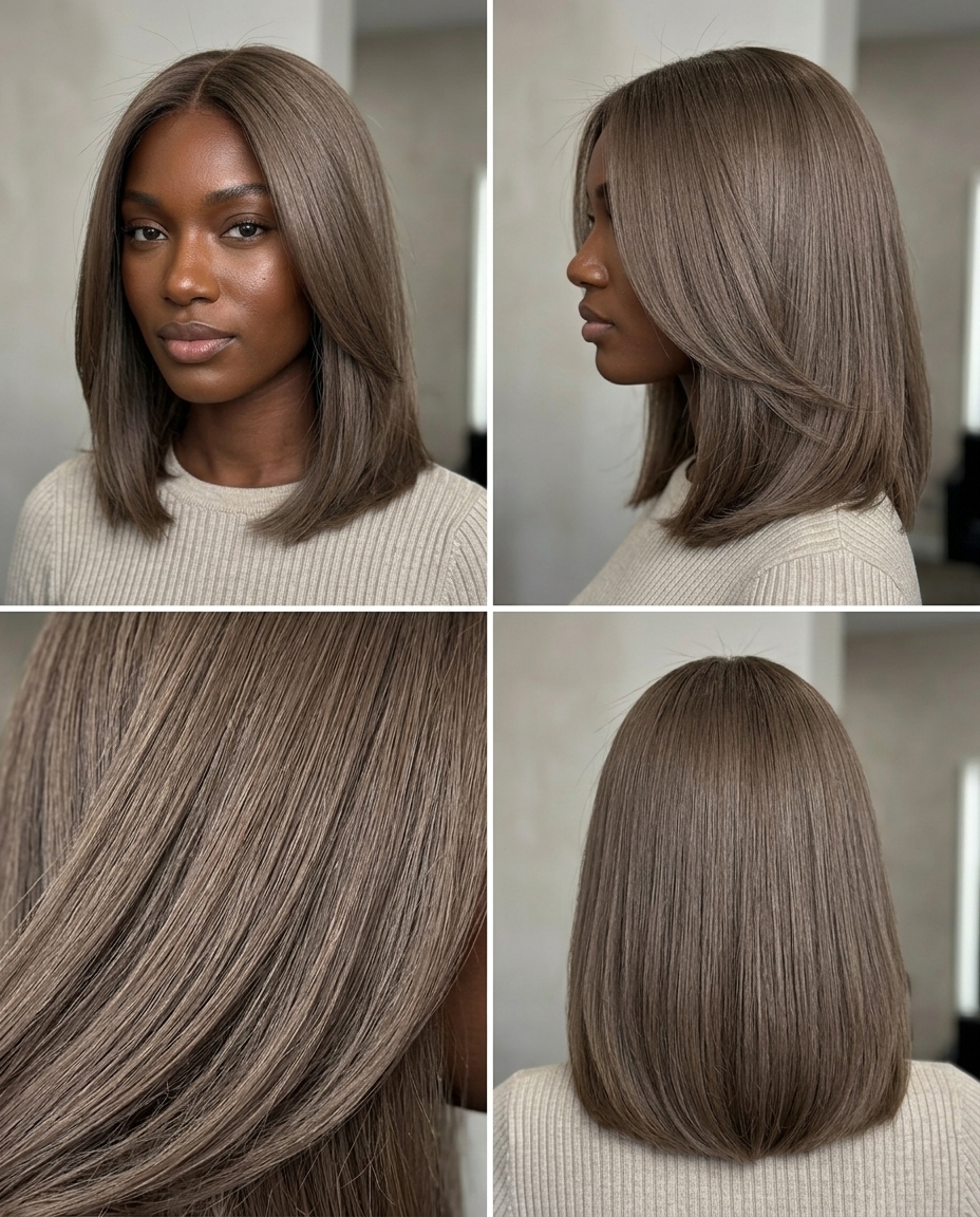 shoulder-length lob with cool beige brown, no highlights, blunt perimeter — sophisticated, minimalist